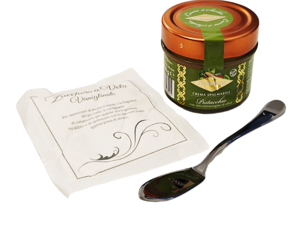 Condorelli pistacchio con vasetto e coltello per spalmare
