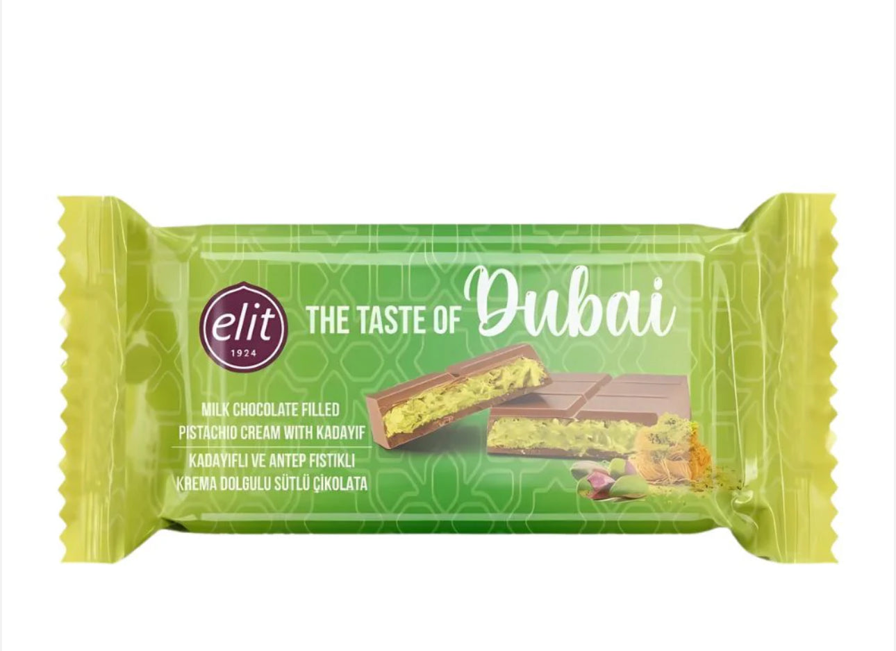 Elit Dubai Chocolate, barretta di cioccolato al latte con crema di pistacchio e Kadayif