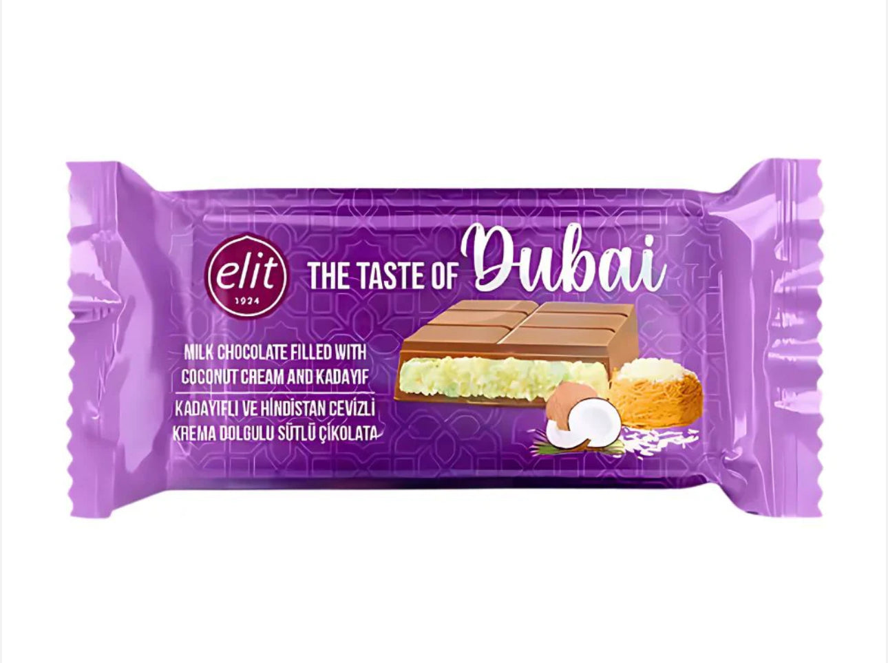 Elit Coconut Dubai Chocolate, barretta di cioccolato al latte con crema di cocco e Kadayif da 90g